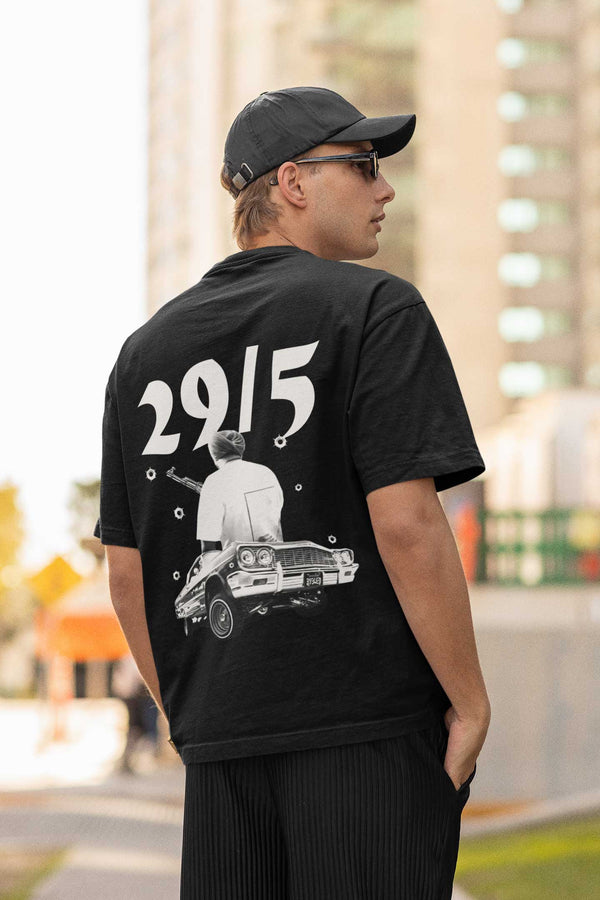 295 printed on back of black colour oversized t-shirt