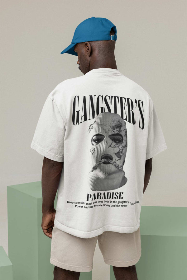 Gangster's paradise printed white colour round neck oversized t-shirt