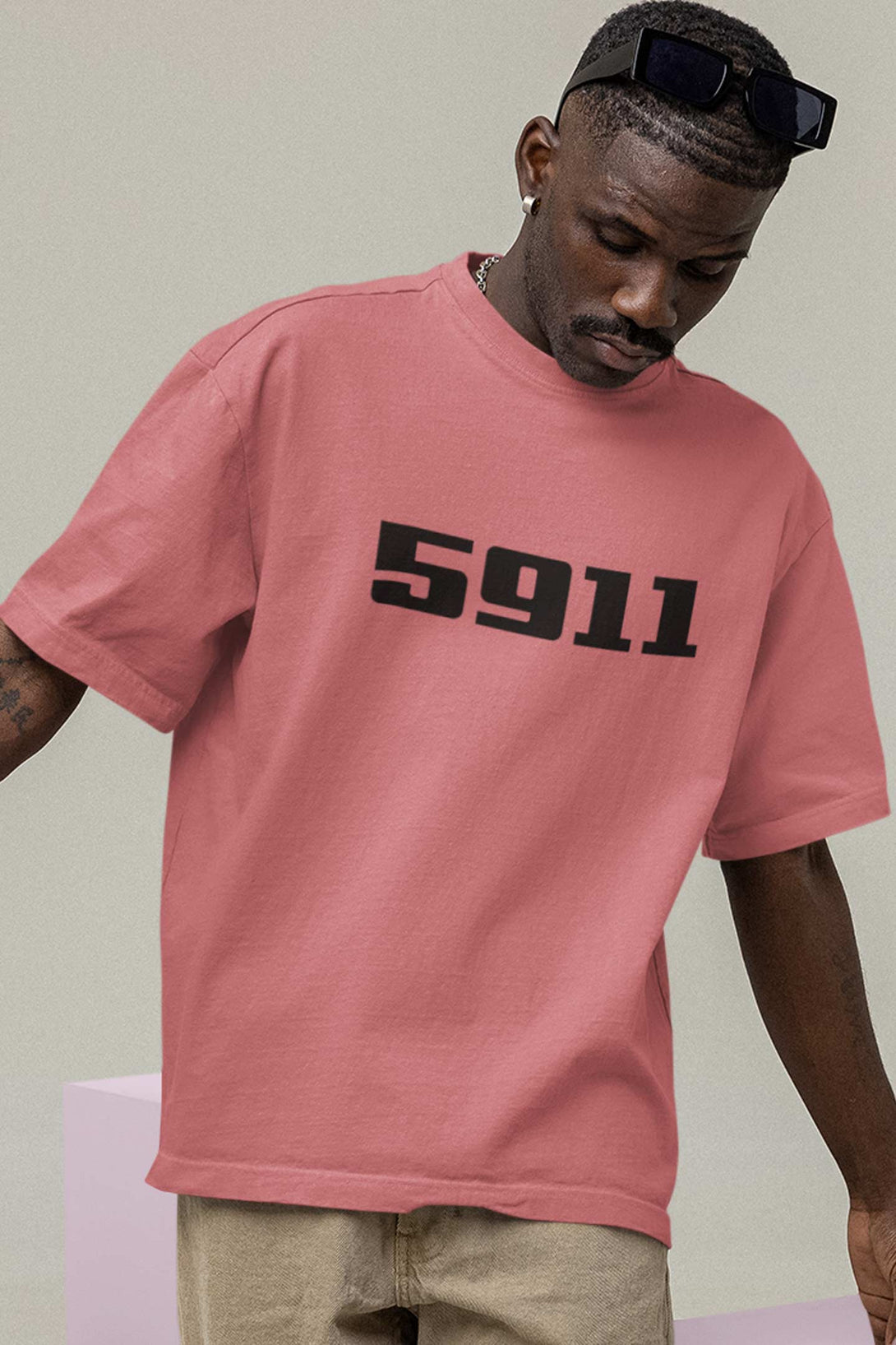 5911 printed on front of Dusty Rose Color Oversized T-shirt