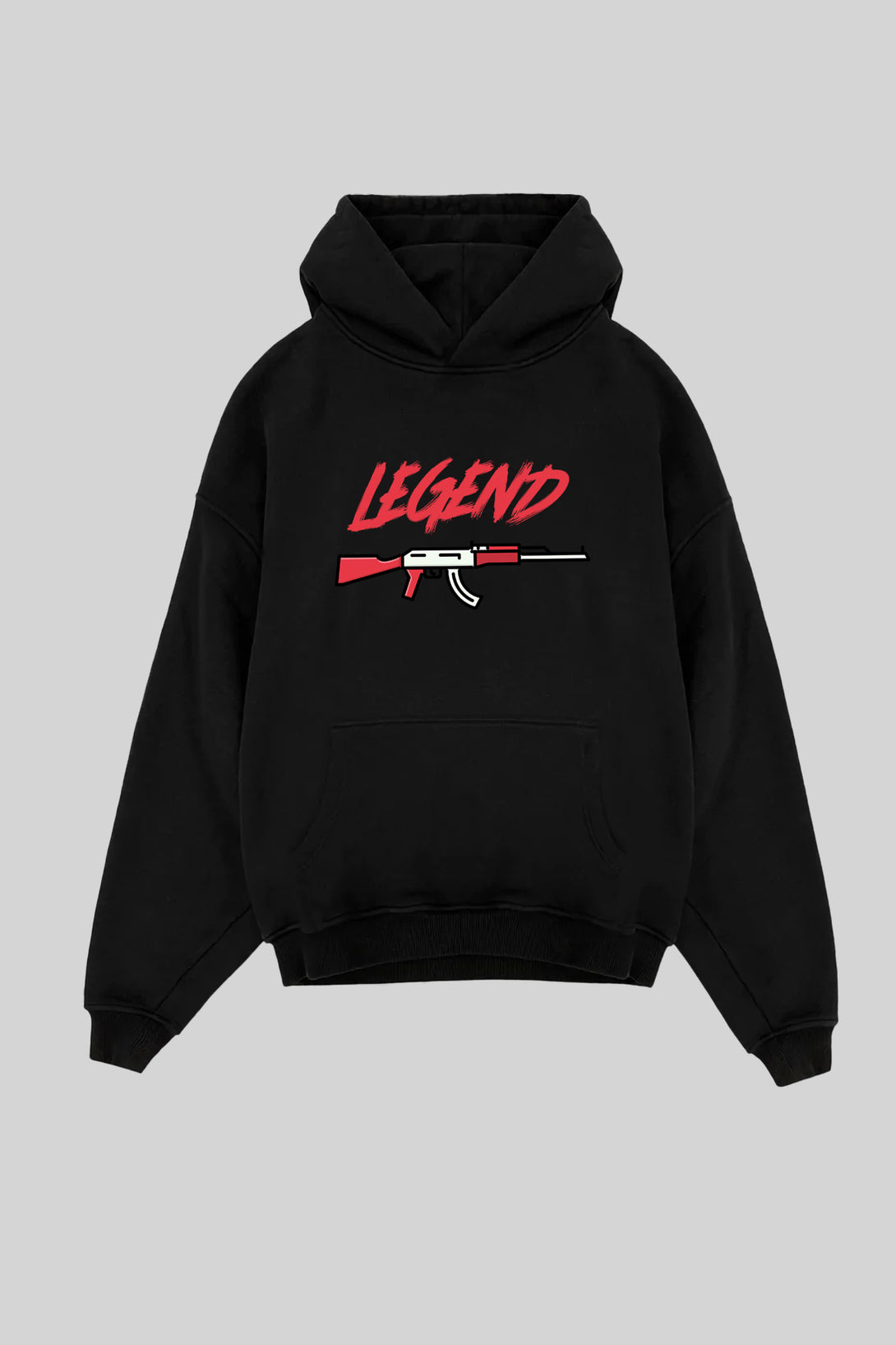 Legend AK47 printed black color hoodie front view.