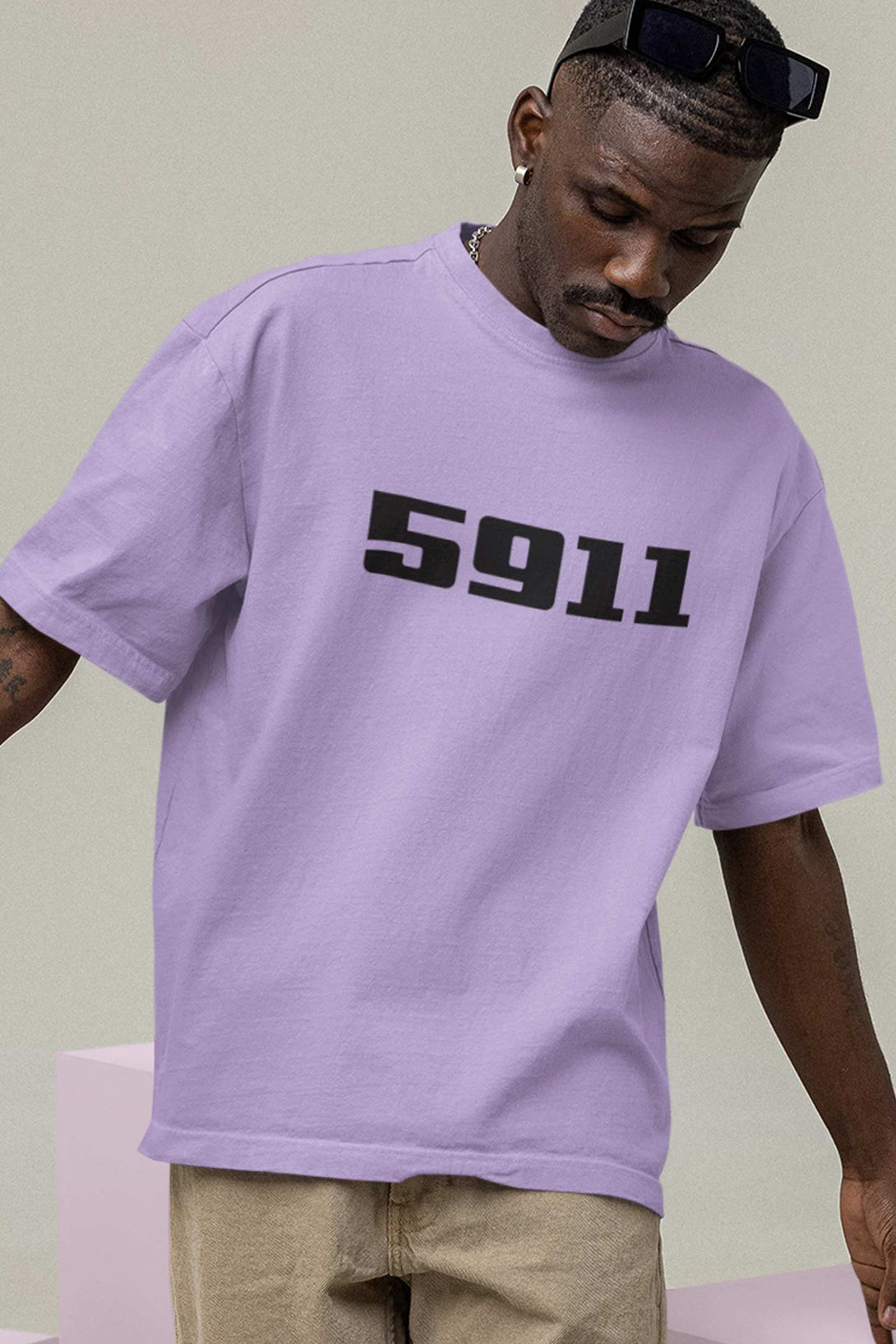 5911 printed on front of Lavender Color Oversized T-shirt