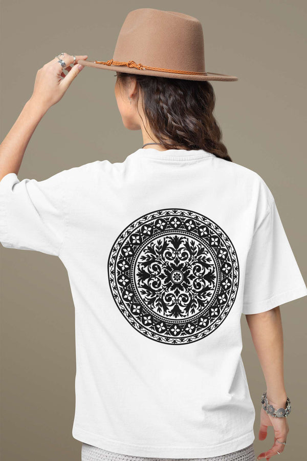 Mandala printed oversized white T-shirt.
