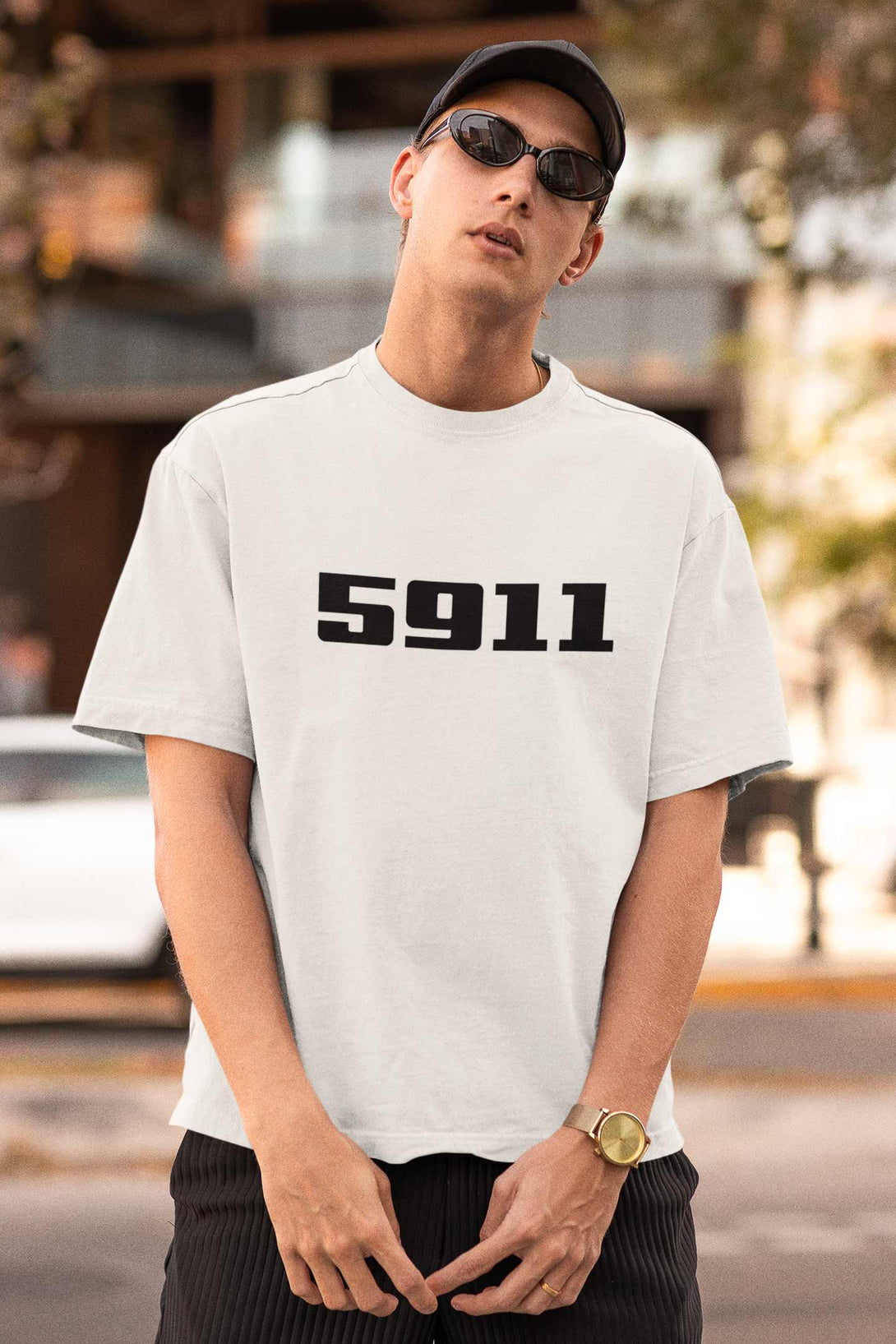 5911 printed on front of White Oversized T-shirt